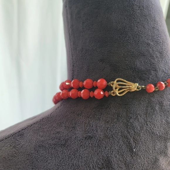 Vintage Women's Gorgeous Red Granule Double Layered Bead Necklace 13" +3" - Picture 4 of 8